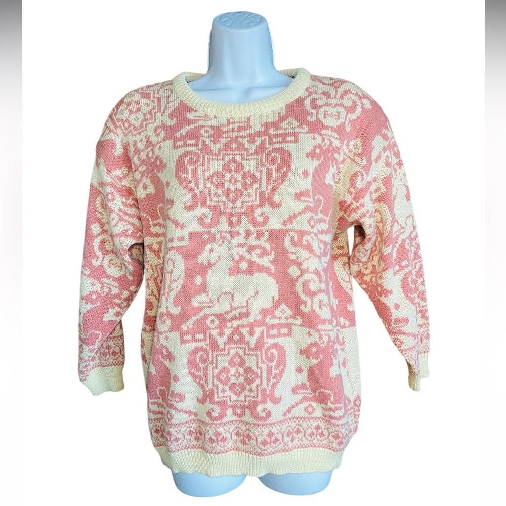 Vintage Genesis Cream and Pink Oversized Knit Sweater Women’s Size Small